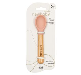 Lžička silikon-dřevo New Baby růžová 14cm
