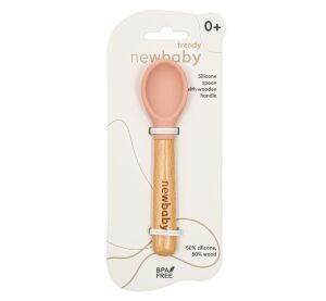 Lžička silikon-dřevo New Baby růžová 14cm