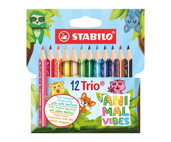 Trojhranné pastelky - STABILO Trio silná krátká Animal Vibes - 12 ks sada - s motivy zvířat