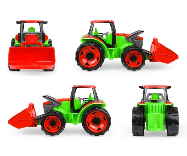Traktor se lžící a s vozíkem, červeno zelený