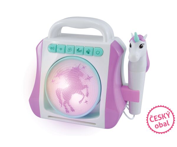 Karaoke box s mikrofonem jednorožec 21x9x19 cm - český obal