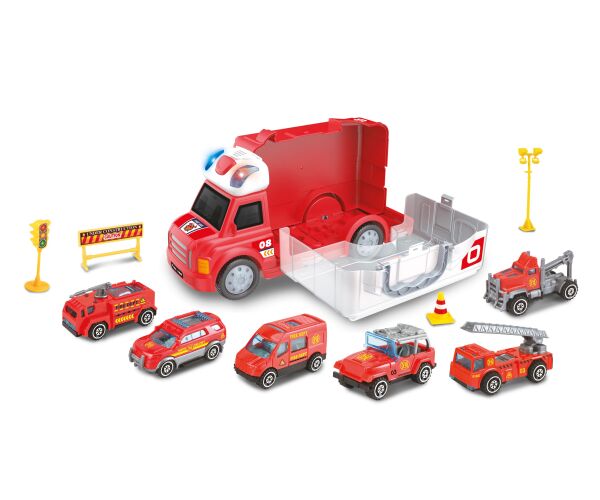 Auto hasičské s efekty a 6 malými auty 34 cm