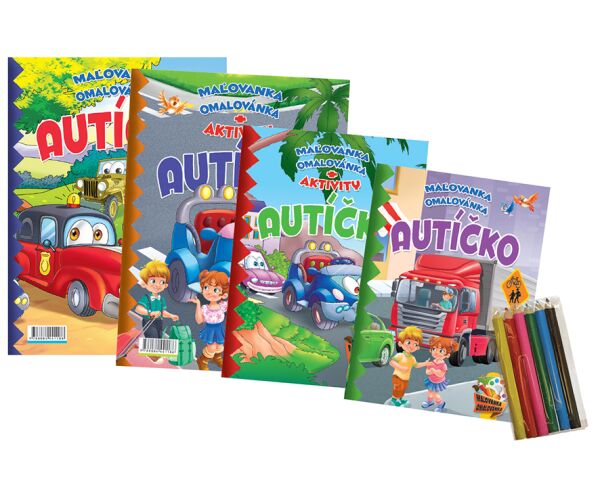 Omalovánka+aktivity Autíčko+pastelky